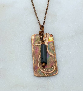 Acid etched copper necklace with a moss agate gemstone