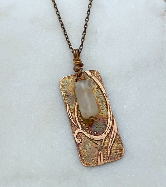 Acid etched copper necklace with a moonstone gemstone