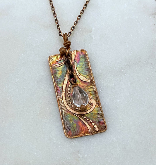 Acid etched copper necklace with a quartz crystal gemstone