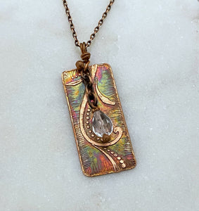 Acid etched copper necklace with a quartz crystal gemstone
