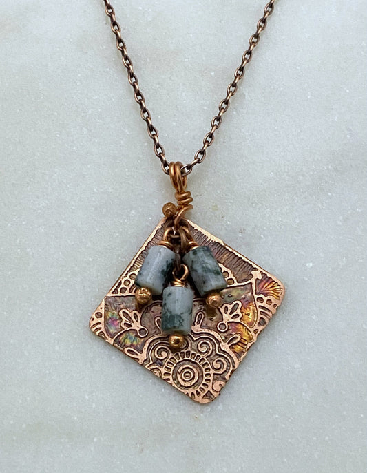 Acid etched copper necklace with tree agate gemstones