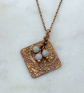 Acid etched copper necklace with moonstone gemstones