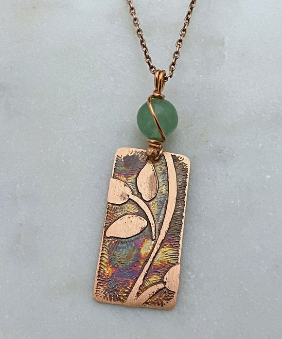 Acid etched copper leaf necklace with aventurine