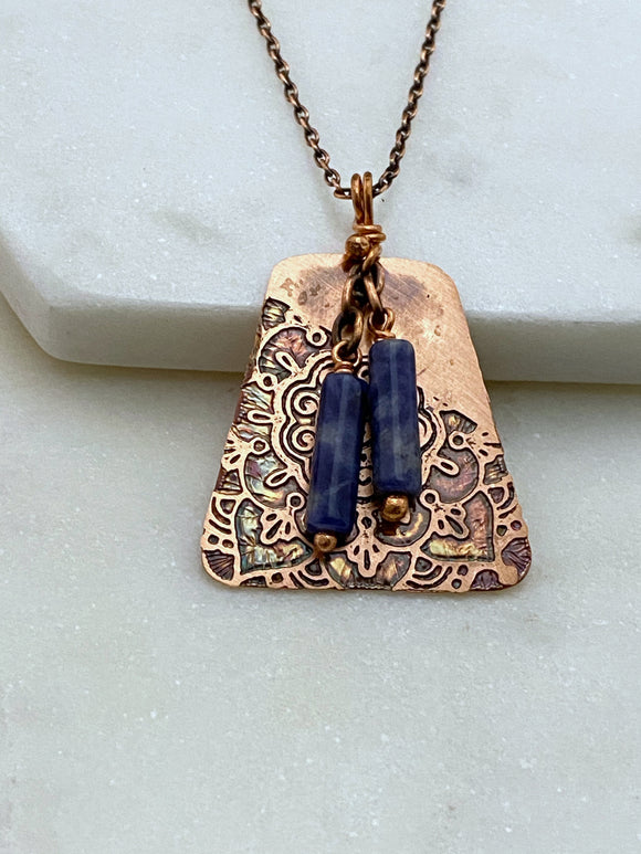 Acid etched copper necklace with sodalite gemstones