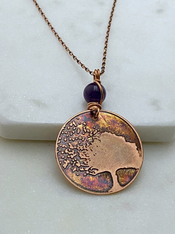 Tree acid etched copper necklace with amethyst gemstone