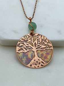 Tree acid etched copper necklace with aventurine gemstone