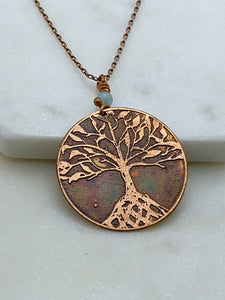 Tree acid etched copper necklace with amazonite gemstone