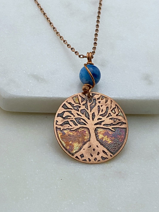 Tree acid etched copper necklace with apatite gemstone