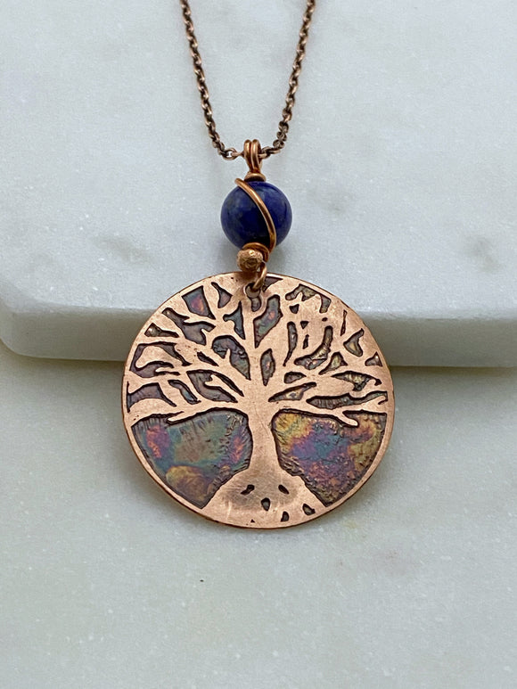 Tree acid etched copper necklace with sodalite gemstone
