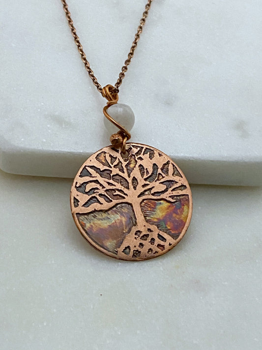 Tree acid etched copper necklace with moonstone gemstone
