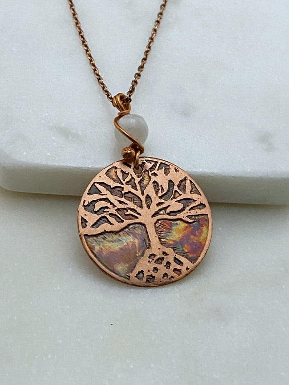Tree acid etched copper necklace with moonstone gemstone