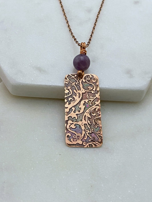 Acid etched copper necklace with amethyst gemstone