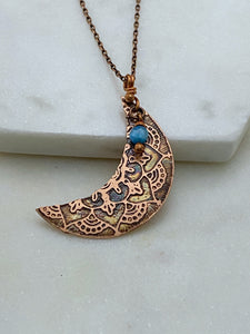 Crescent moon acid etched copper necklace with apatite gemstone