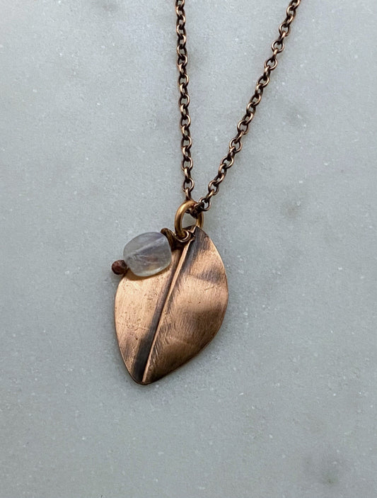 Forged copper leaf necklace with moonstone