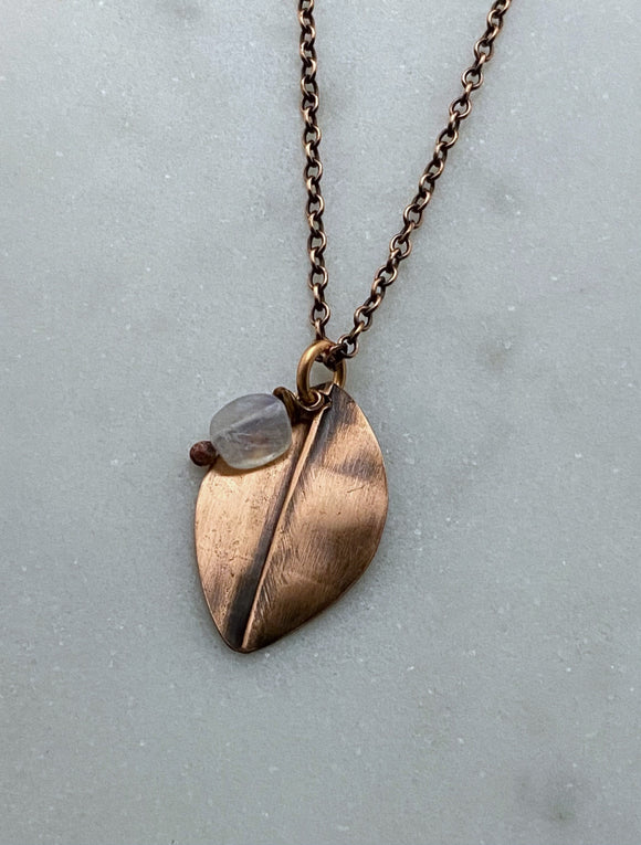 Forged copper leaf necklace with moonstone