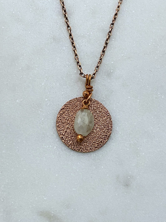 Forged copper disk necklace with moonstone