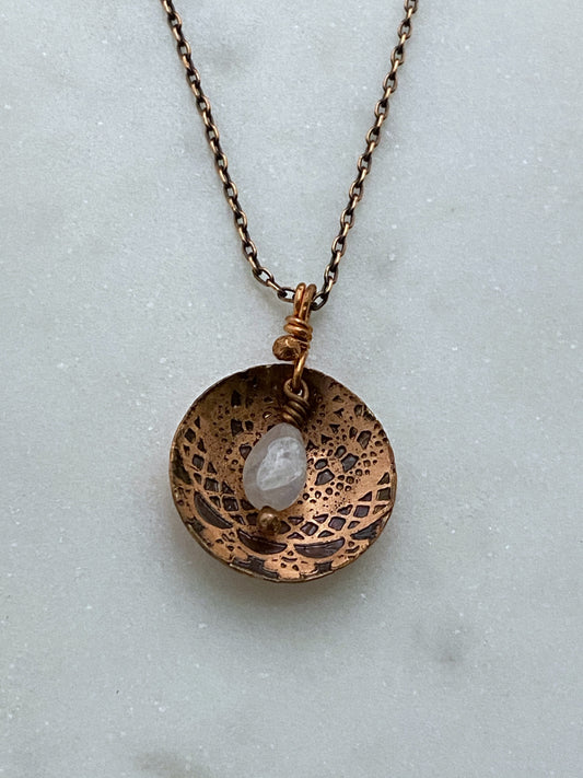 Acid etched copper necklace with moonstone gemstone