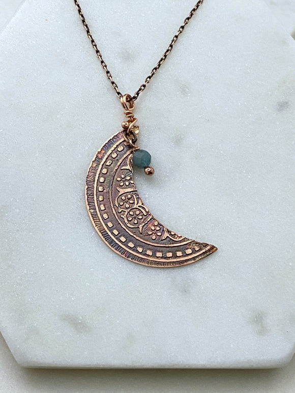 Crescent moon acid etched copper necklace with a apatite gemstone