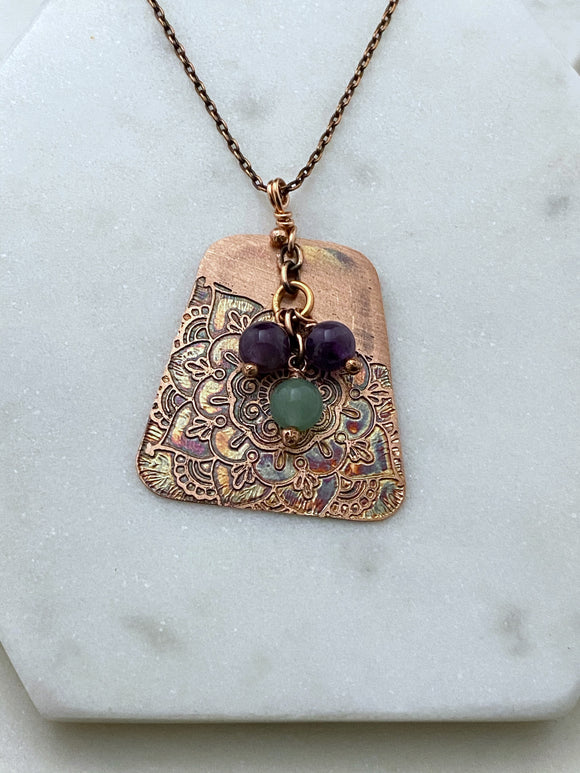 Acid etched copper necklace with aventurine and amethyst gemstones