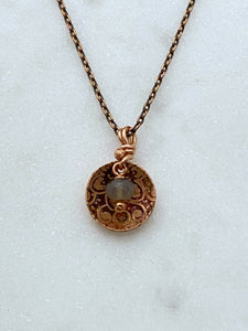 Acid etched copper disk necklace with a moonstone gemstone