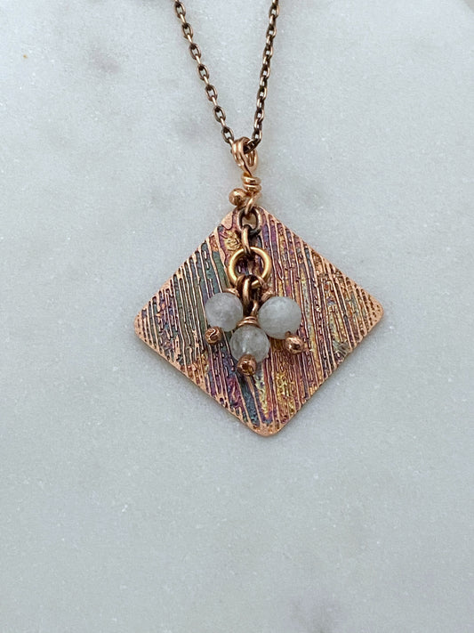 Acid etched copper necklace with moonstone gemstones