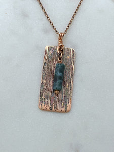 Acid etched copper necklace with a moss agate gemstone