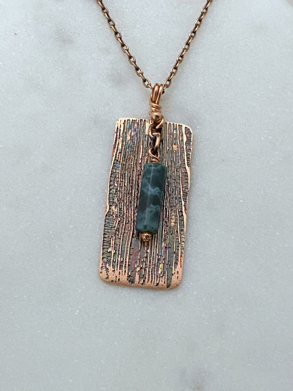 Acid etched copper necklace with a moss agate gemstone