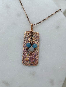Acid etched copper necklace with amazonite  and moonstone gemstones