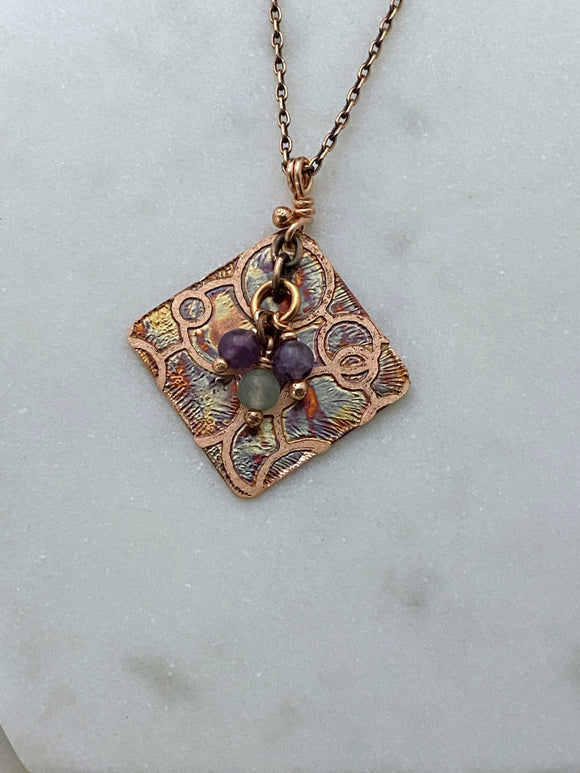 Acid etched copper necklace with amethyst and aventurine gemstones