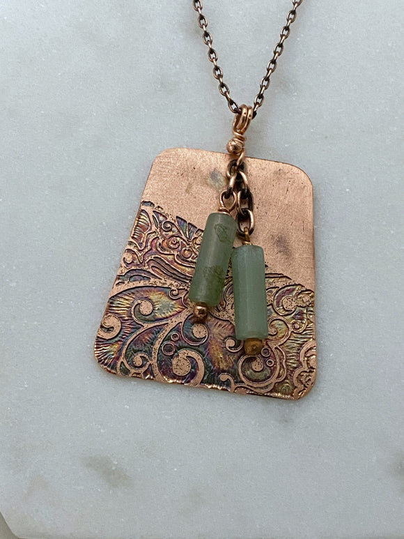 Acid etched copper necklace with aventurine gemstones