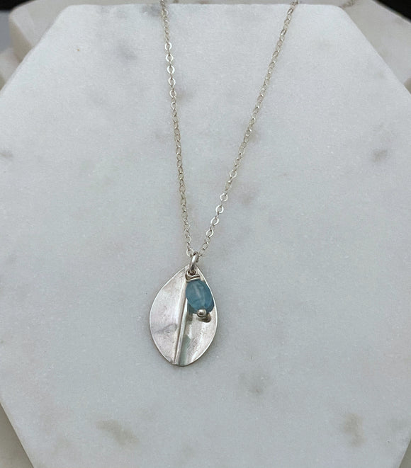 Forged sterling silver leaf necklace with apatite gemstone