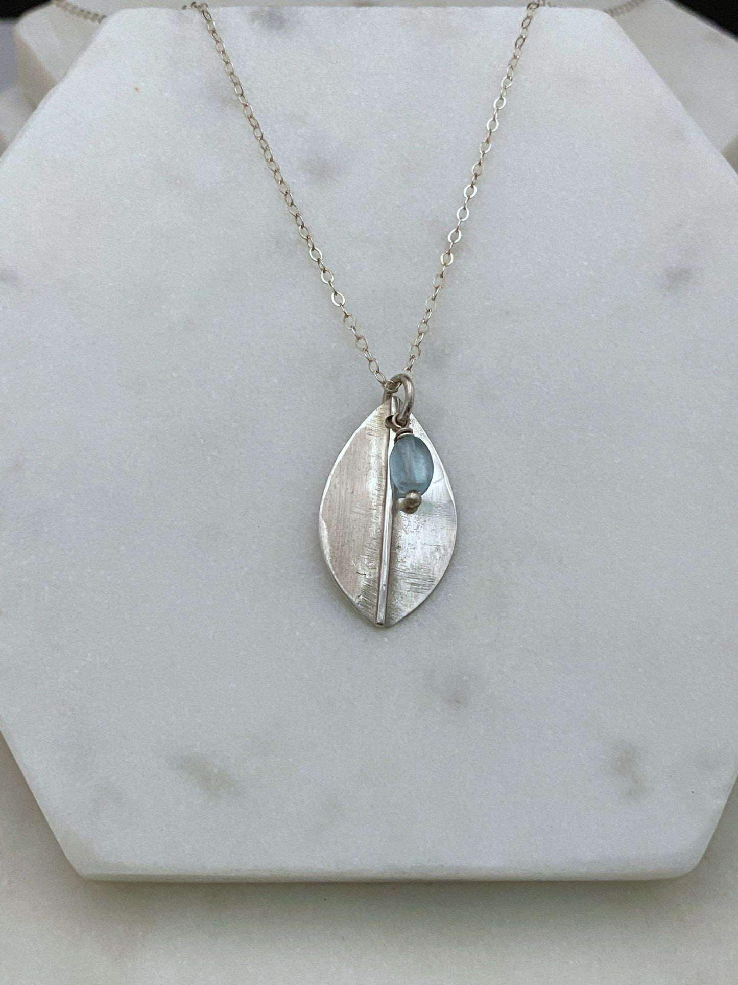 Forged sterling silver leaf necklace with apatite gemstone