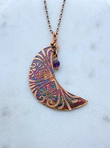 Crescent moon acid etched copper necklace with a amethyst gemstone