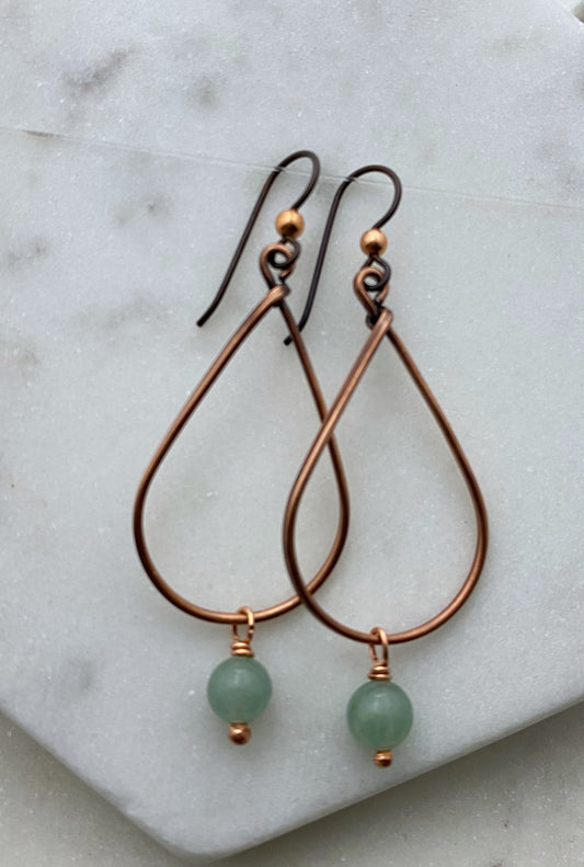 Copper teardrop hoop earrings with aventurine