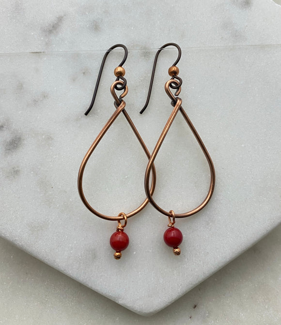 Copper teardrop hoop earrings with coral