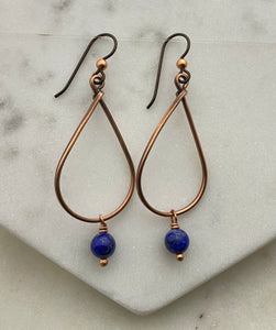 Copper teardrop hoop earrings with lapis