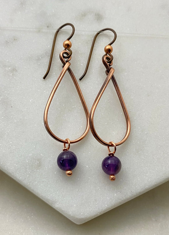 Copper teardrop hoop earrings with amethyst