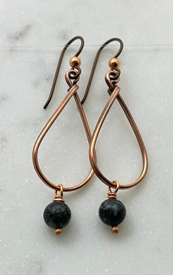 Copper teardrop hoop earrings with rainforest jade
