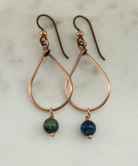 Copper teardrop hoop earrings with Chrysocolla