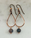 Copper teardrop hoop earrings with tourmaline