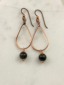 Copper teardrop hoop earrings with tourmaline