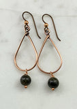 Copper teardrop hoop earrings with tourmaline