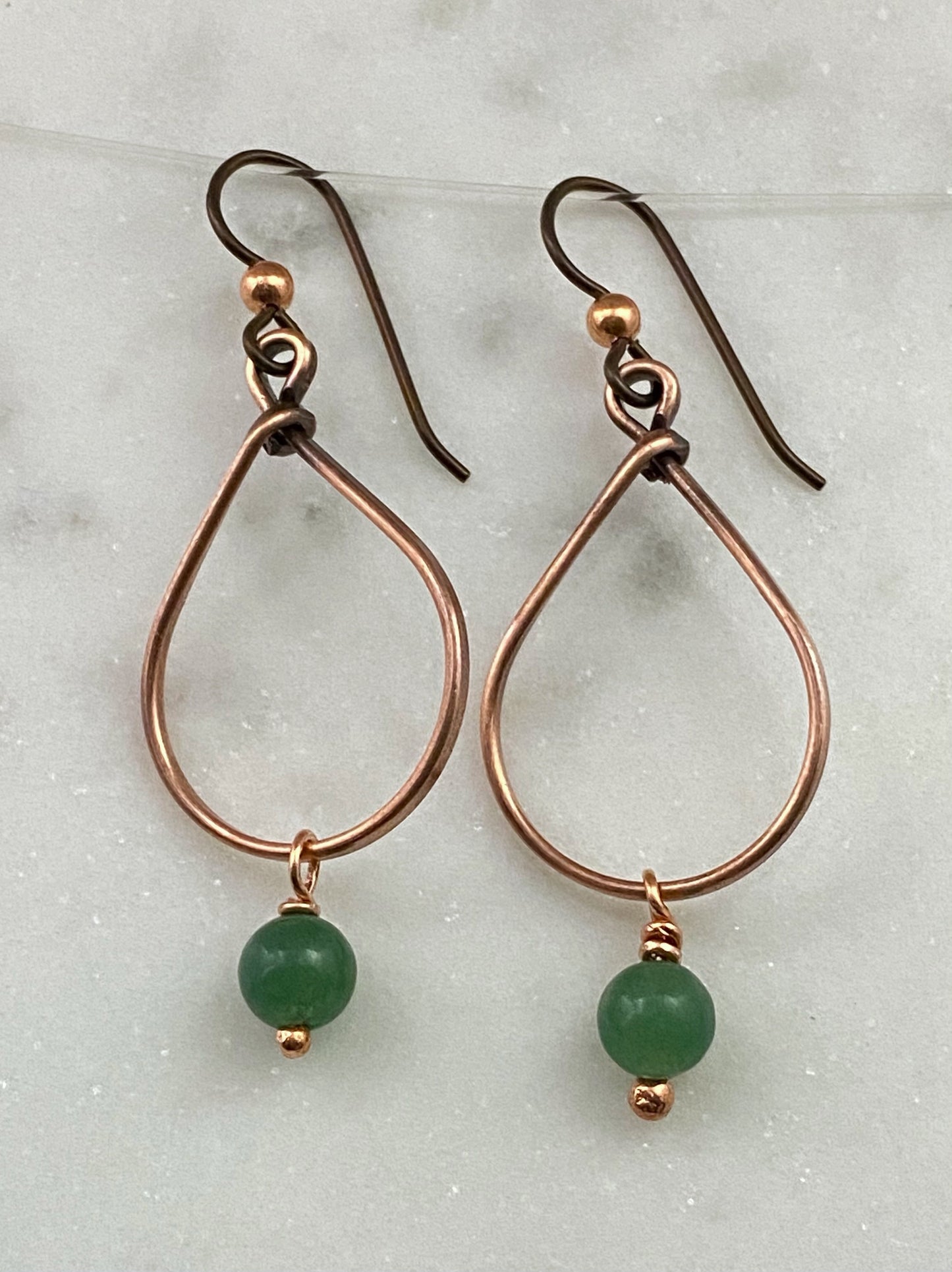 Copper teardrop hoop earrings with jade