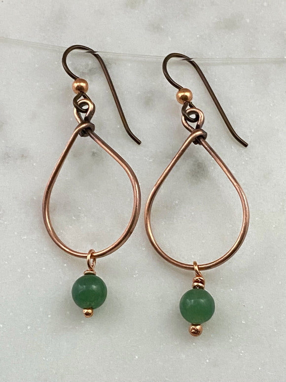 Copper teardrop hoop earrings with jade