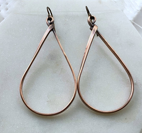 Large copper teardrop hoop earrings