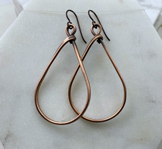 Medium copper teardrop hoop earrings