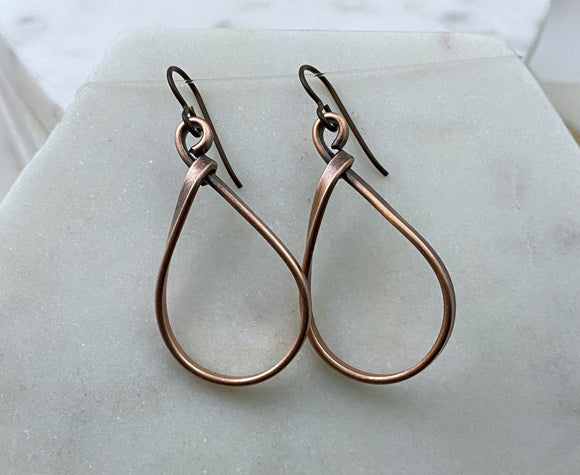 Small copper teardrop hoop earrings
