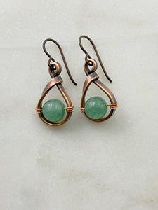 Copper teardrop hoops with aventurine