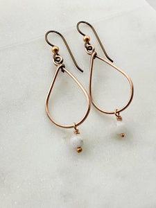 Copper teardrop hoop earrings with moonstone