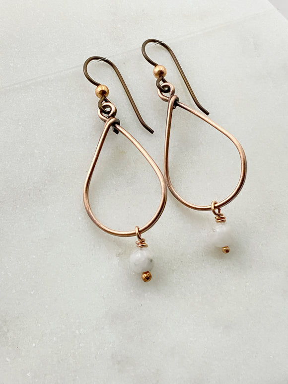 Copper teardrop hoop earrings with moonstone